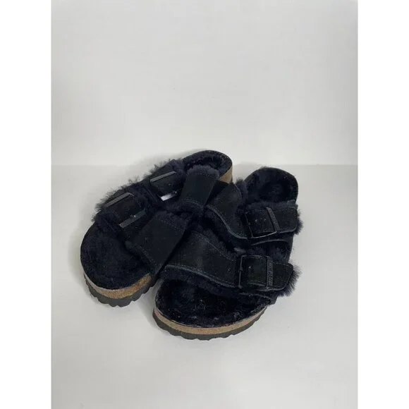 Birkenstock Arizona Black Shearling Fur Sandals Size 38 US 7 Narrow NEW - Picture 3 of 7